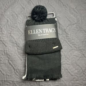 Ellen Tracy Plaid Knit Pom Hat & Fringed Scarf Black & White w/Gift Box NWT Chic